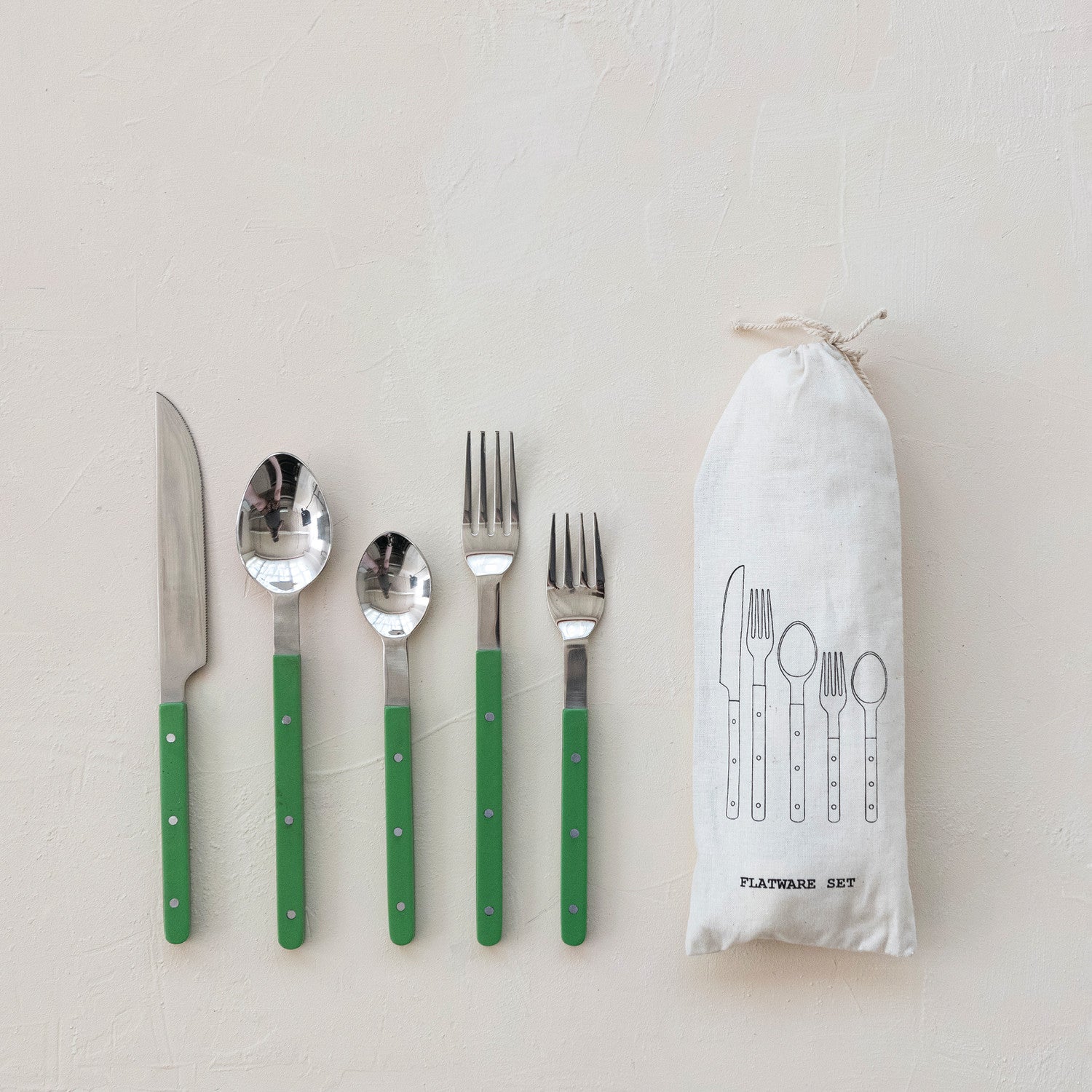 Stainless Steel Flatware Set with Green Handles