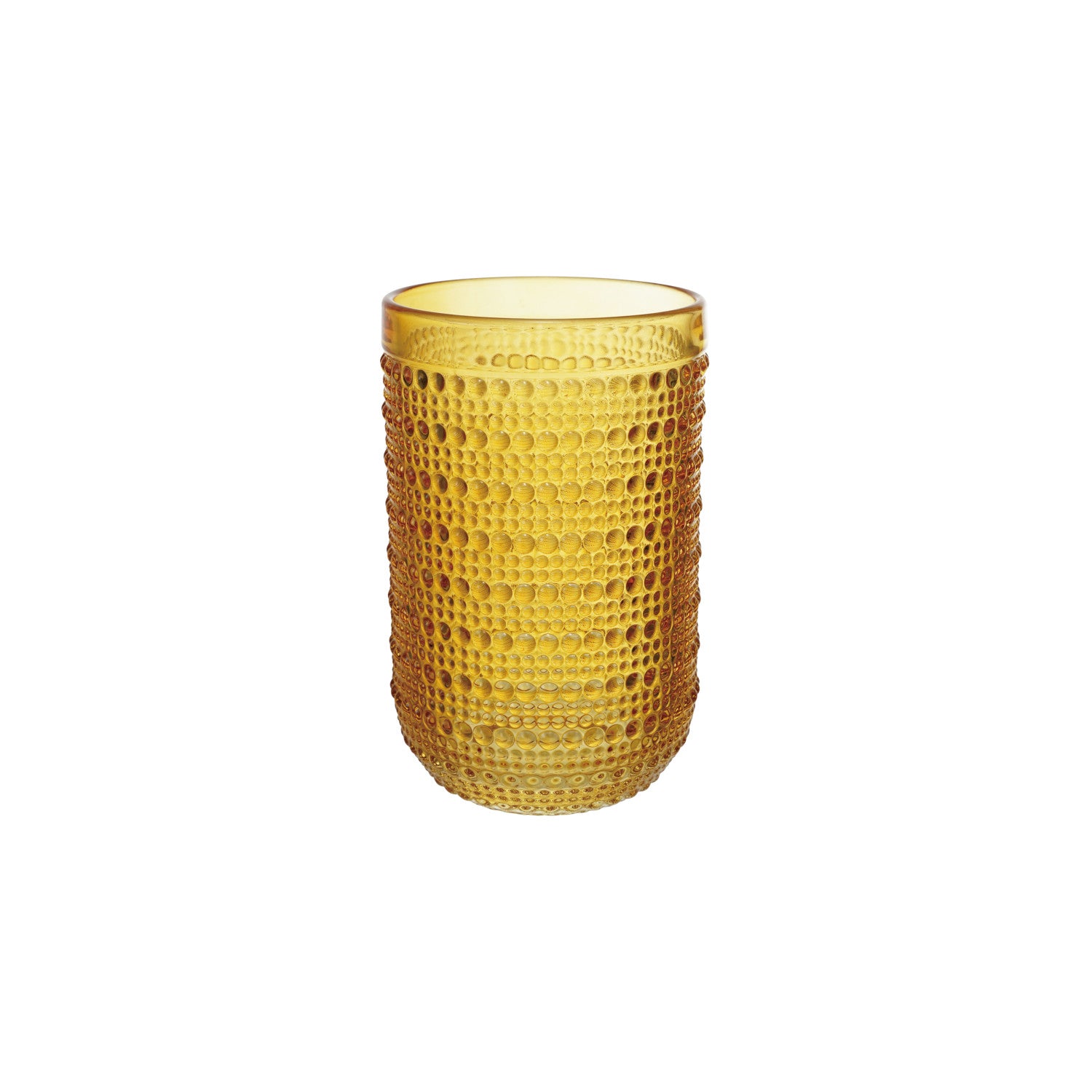 Yellow textured glass tumbler on a white background