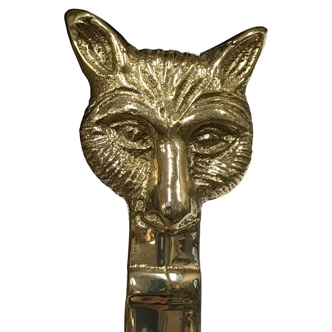 Gold letter opener with fox head design on a white background.