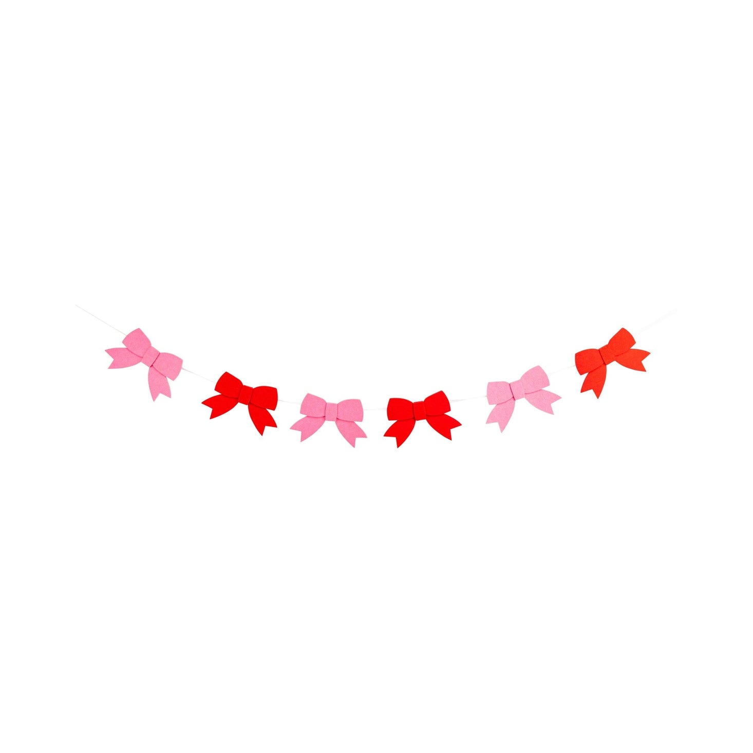 Decorative string of pink and red bows on a white background.
