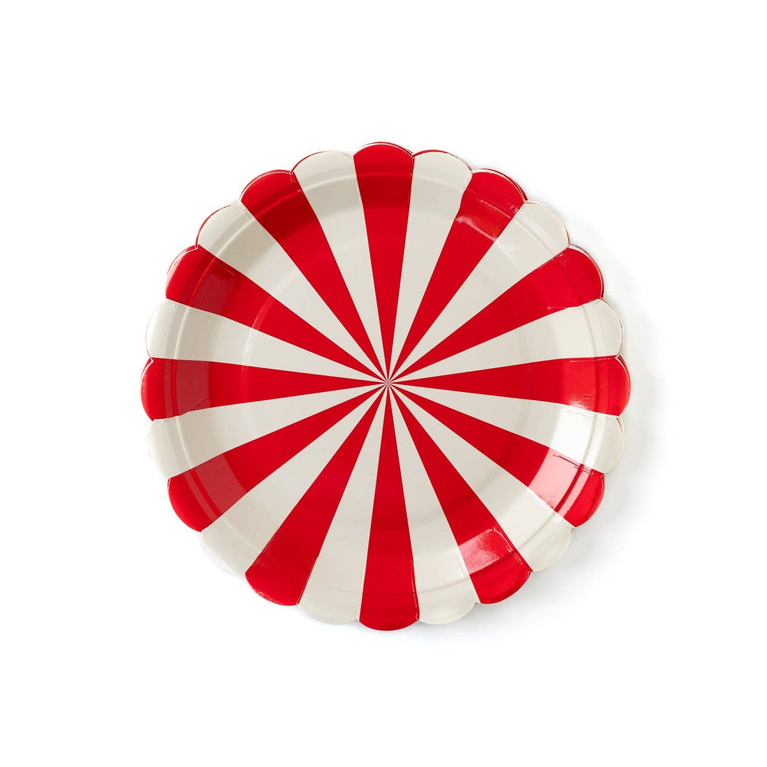 9&quot; Round, red &amp; white circus stripe plate on white background