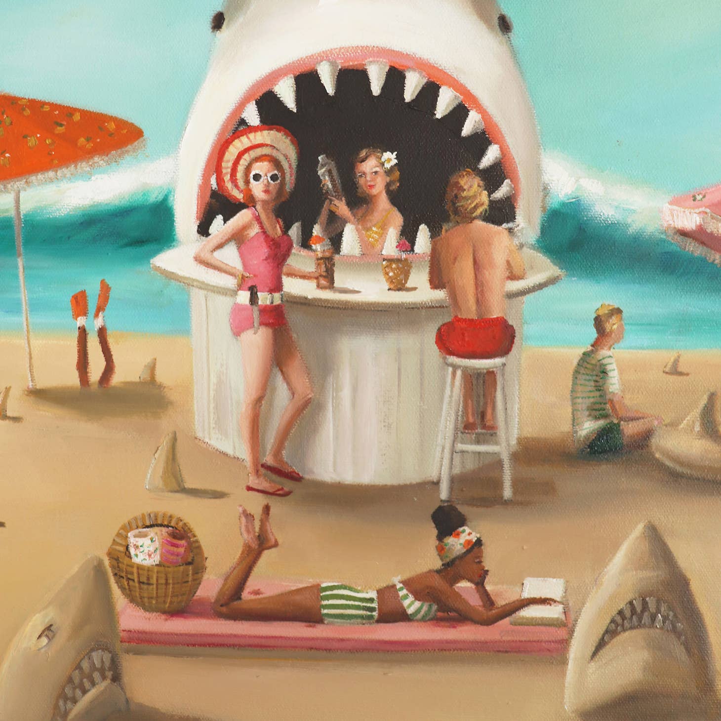 A framed Sand Shark Bar Small Art Print by Janet Hill of a shark on the beach.