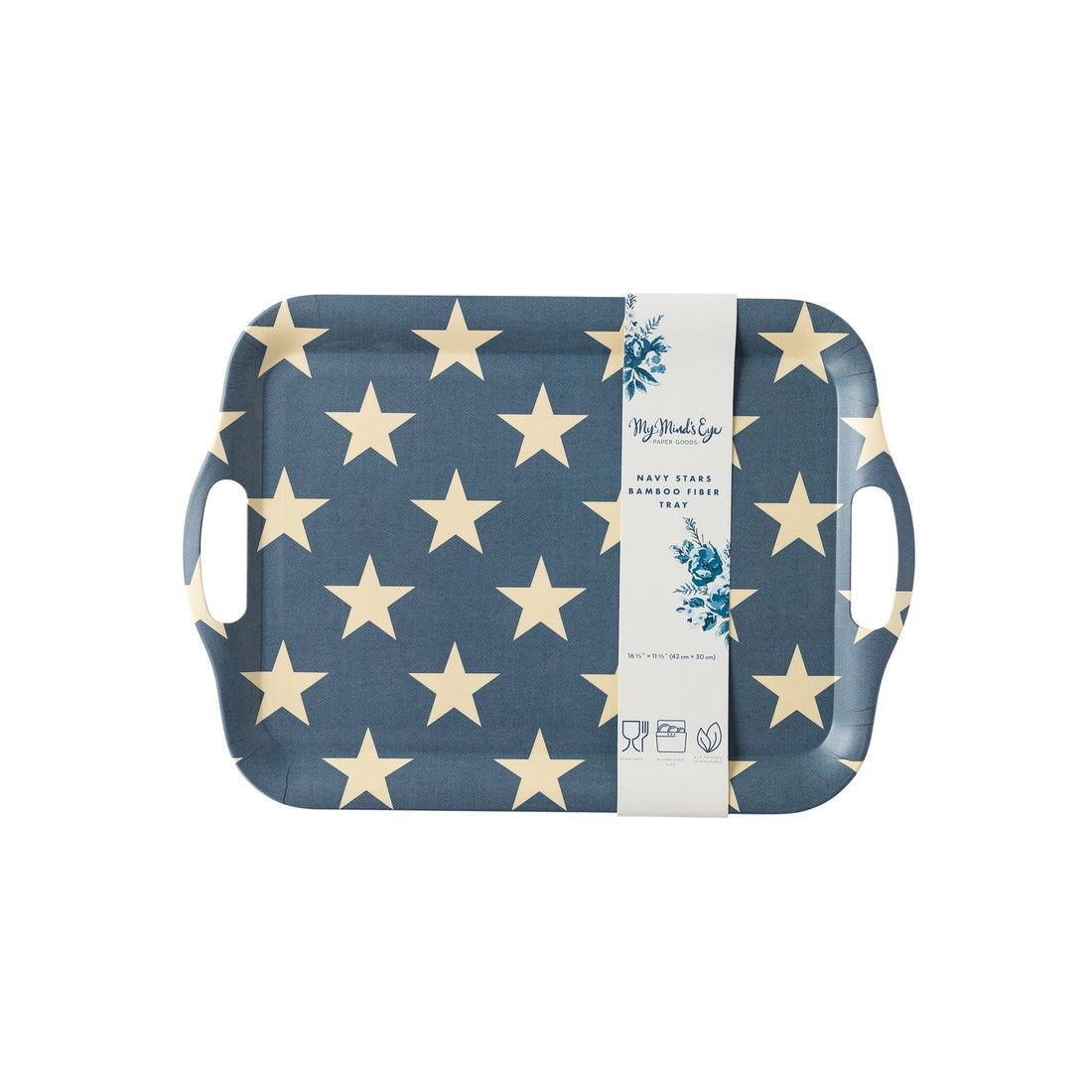 16.5&quot; 11.5&quot; navy with white stars reusable bamboo tray on white background.