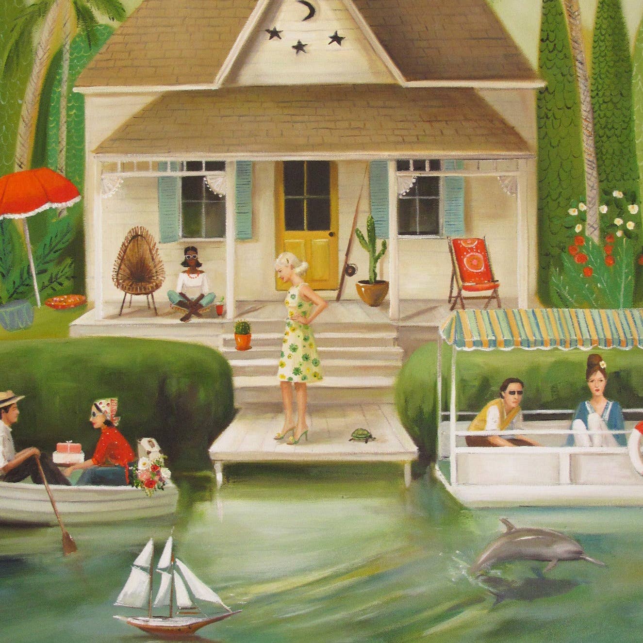 Artwork by Janet Hill depicting a house with a group of people outside in boats.