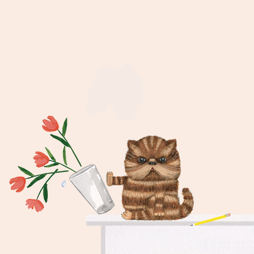 Dear Hancock notepad with a brown striped cat pushing a vase of flowers off a table .