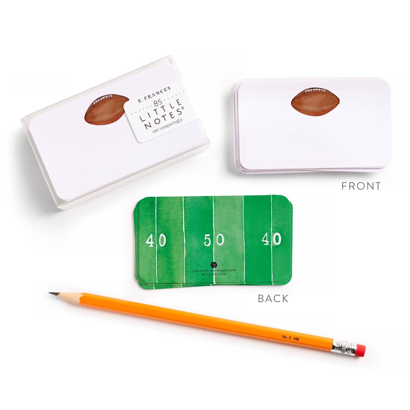 Box of E. Frances Little Notes with a football design on a white background and the back depicting a playing field.