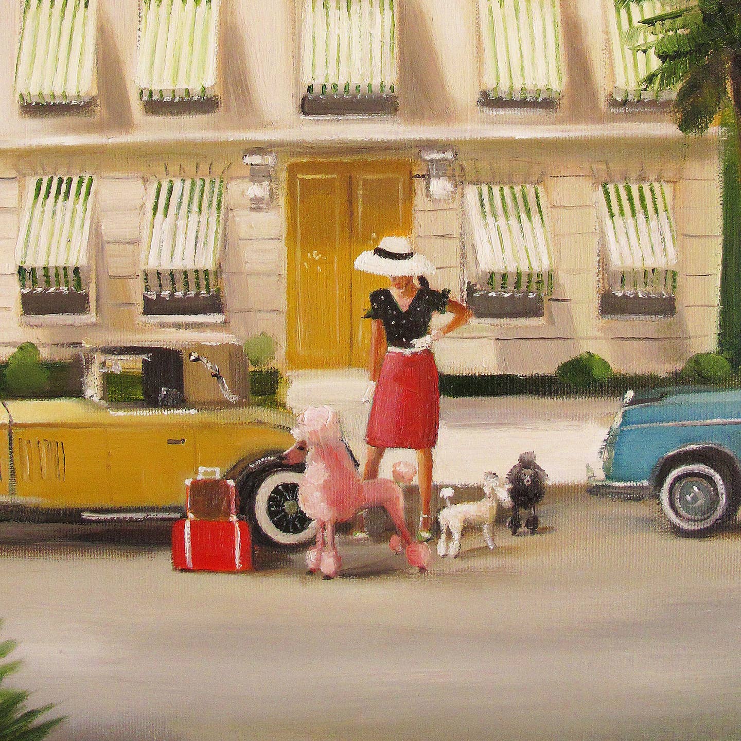 Artwork by Janet Hill depicting the outside of a hotel with green stripe awnings over the windows and a yellow sports car in front with a woman holding several dogs.