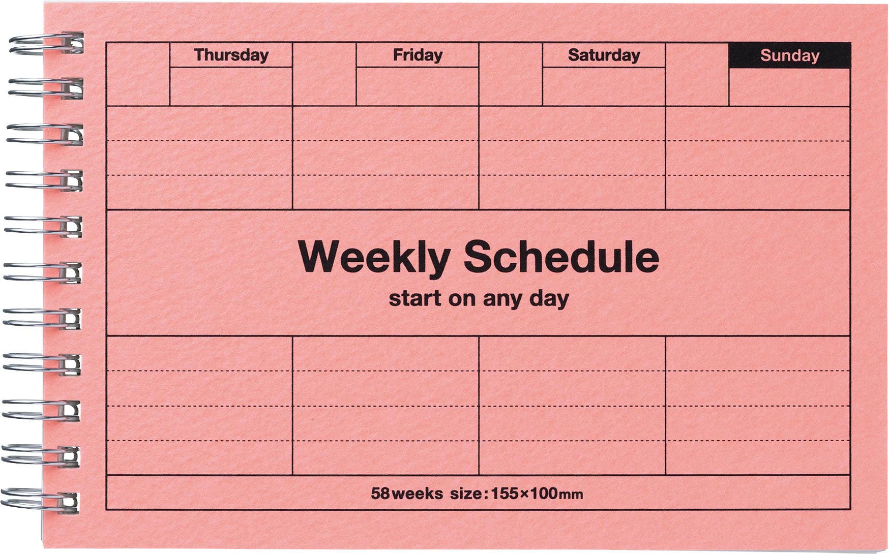 Weekly schedule planner with pink cover and black text.