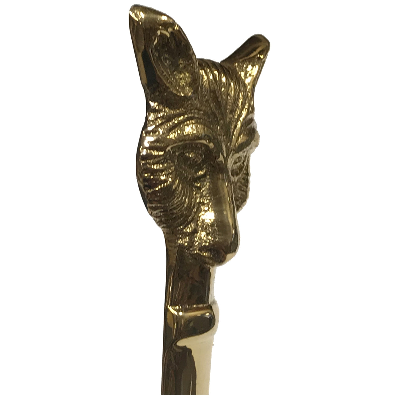 Gold letter opener with fox head design on a white background.