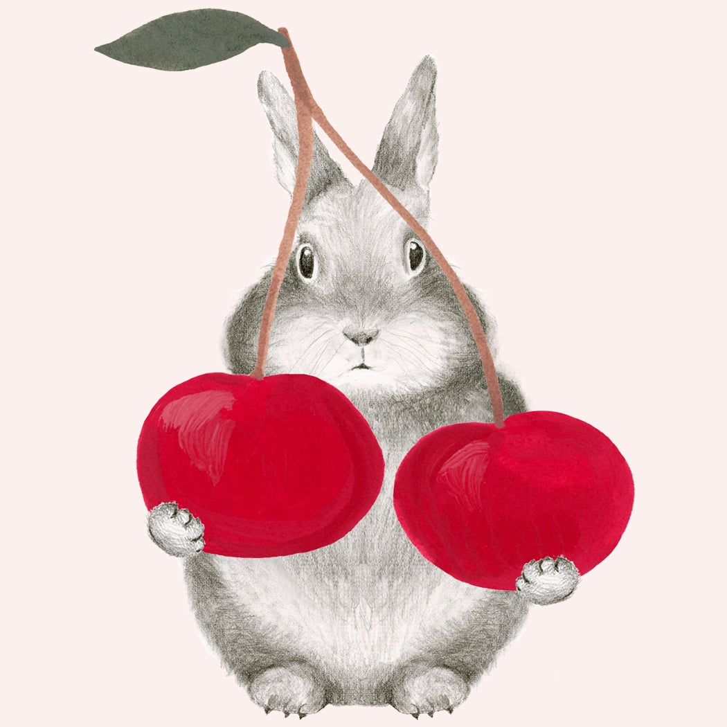 Greeting card by Dear Hancock with an illustration of a bunny holding 2 cherries with "You&