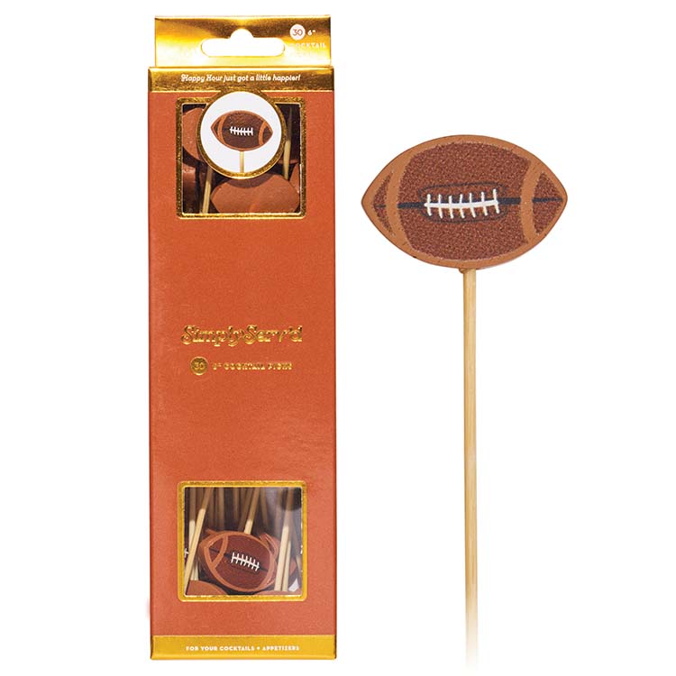 Football-themed wood cocktail picks with packaging on a white background