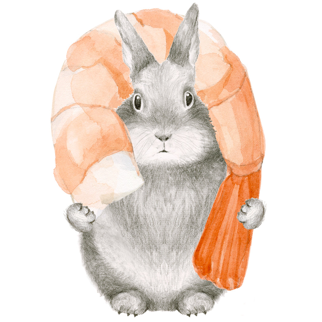 Graphite Bunny with hand painted shrimp. 