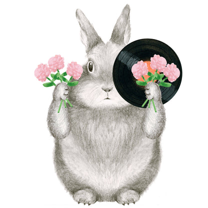 Graphite bunny with a record and flowers