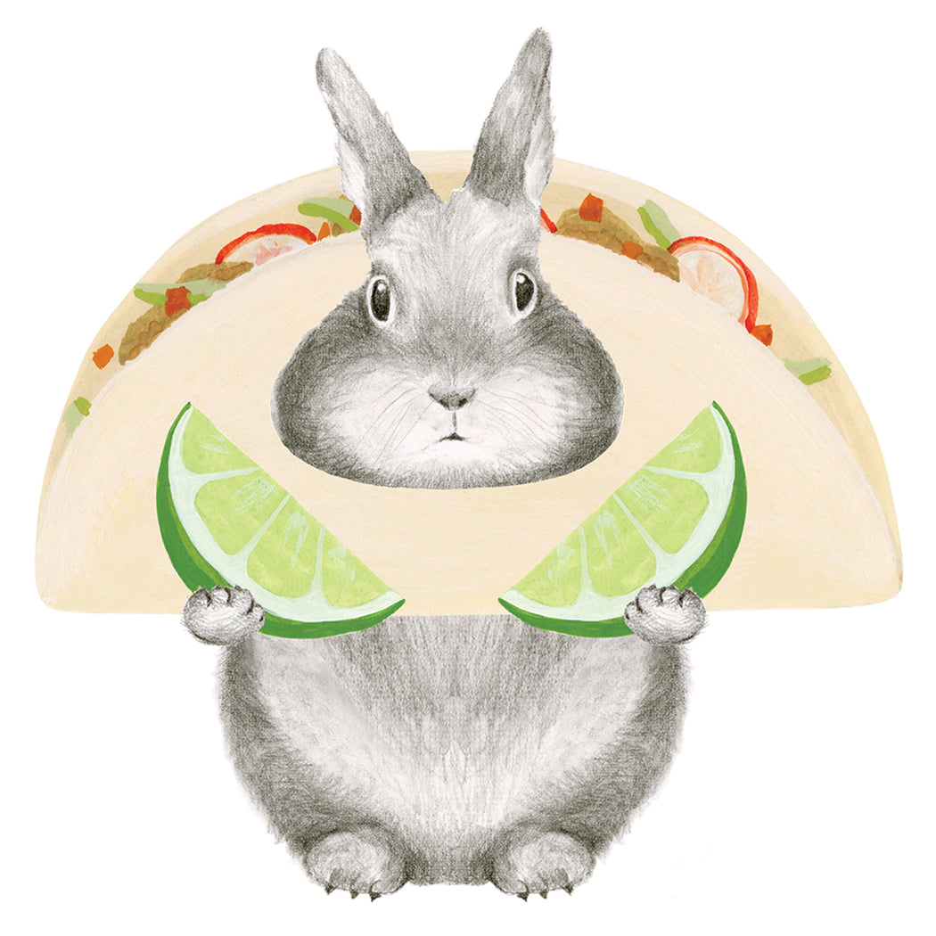 A Spec-Taco-Lar card by Dear Hancock, featuring a cute bunny holding a taco, made in the United States of America. This card is printed on soft white paper, creating a high-quality and visually pleasing design. Perfect.