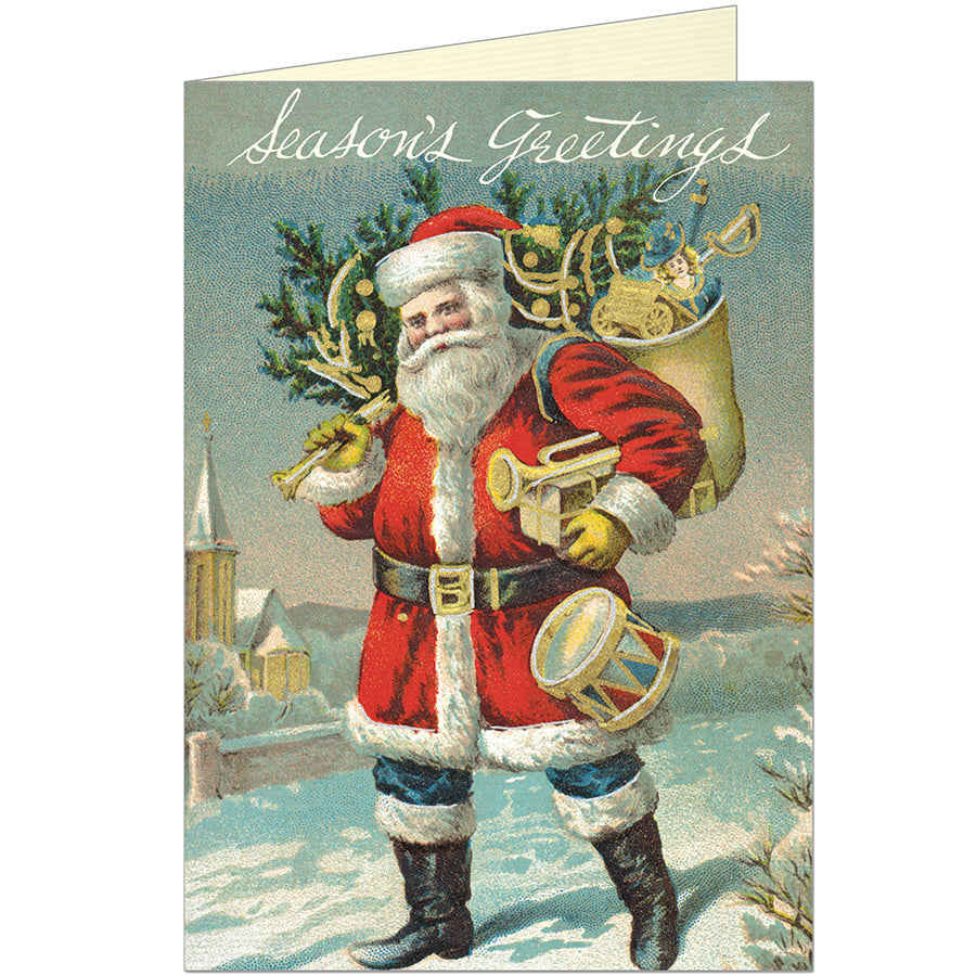 Vintage-style Christmas card with Santa Claus holding a sack and tree, set against a snowy village scene.