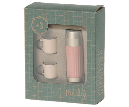 A pink Mini Thermos and Cups Set by Maileg, in a box, perfect for enjoying hot beverages or cozying up with Maileg mice.