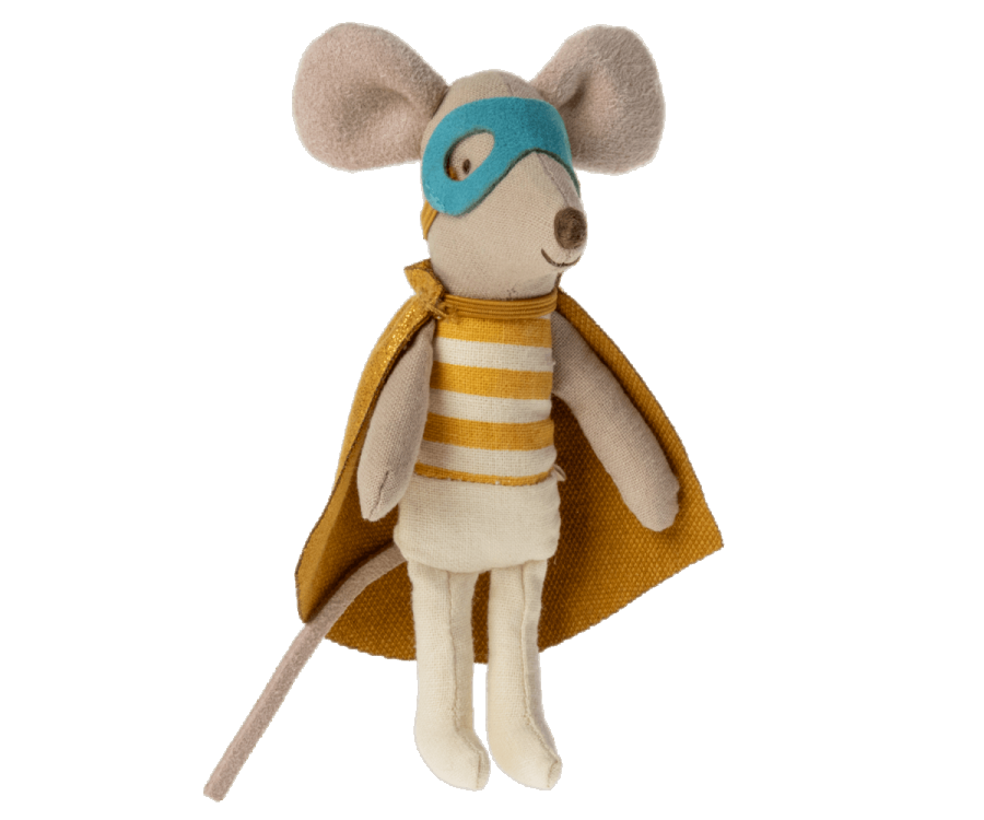 Plush Super Hero Mouse by Maileg, wearing a cape and eye mask, pretending to fly against a striped background.
