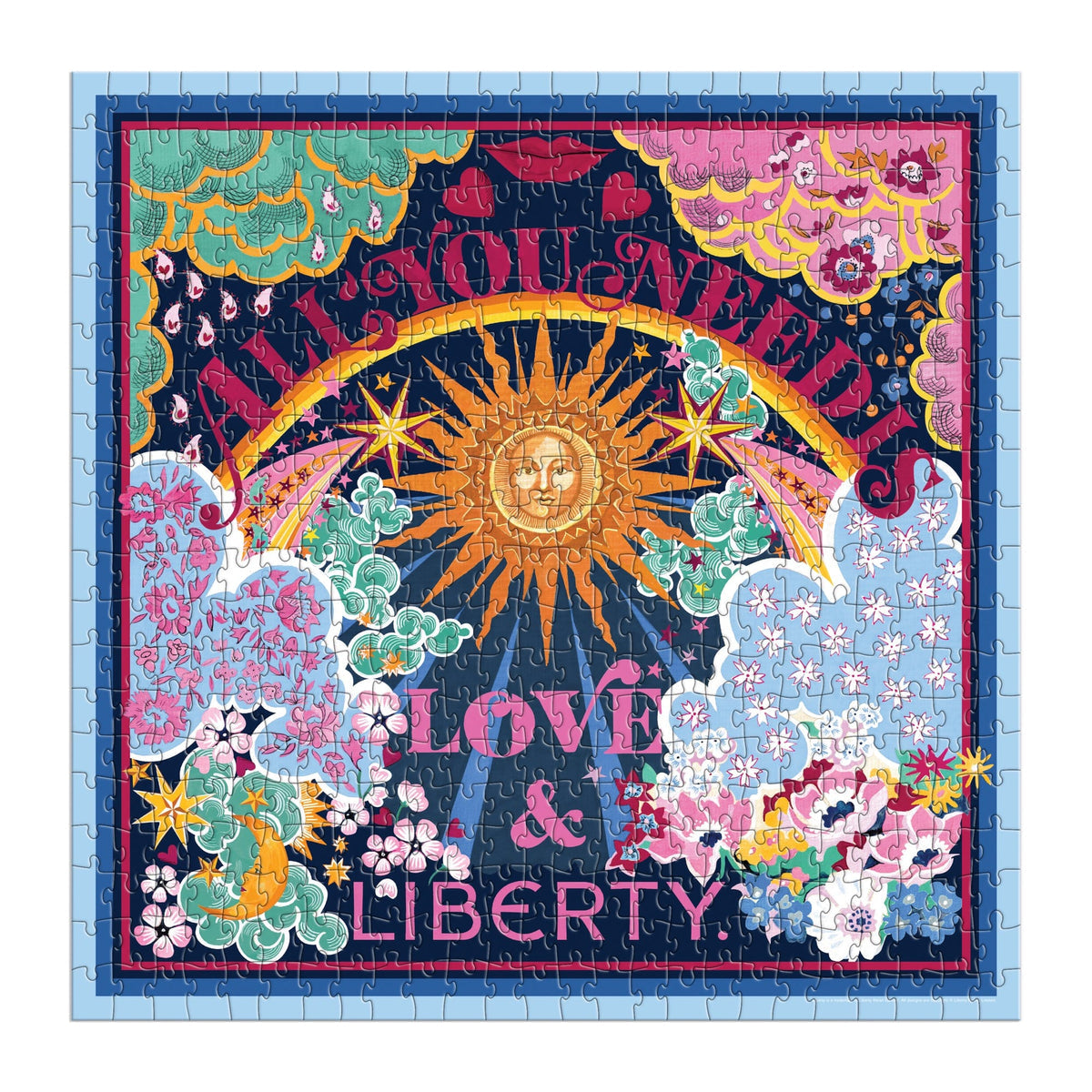 A jigsaw puzzle designed to look like a keepsake box with magnetic closure, titled "Liberty All You Need is Love Puzzle" featuring a colorful, Thorpe print design. It consists of the Liberty All You Need is Love 500 Piece Book Puzzle by Chronicle Books.