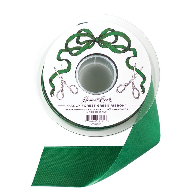 A spool of forest green satin ribbon by Hester & Cook on a white background.