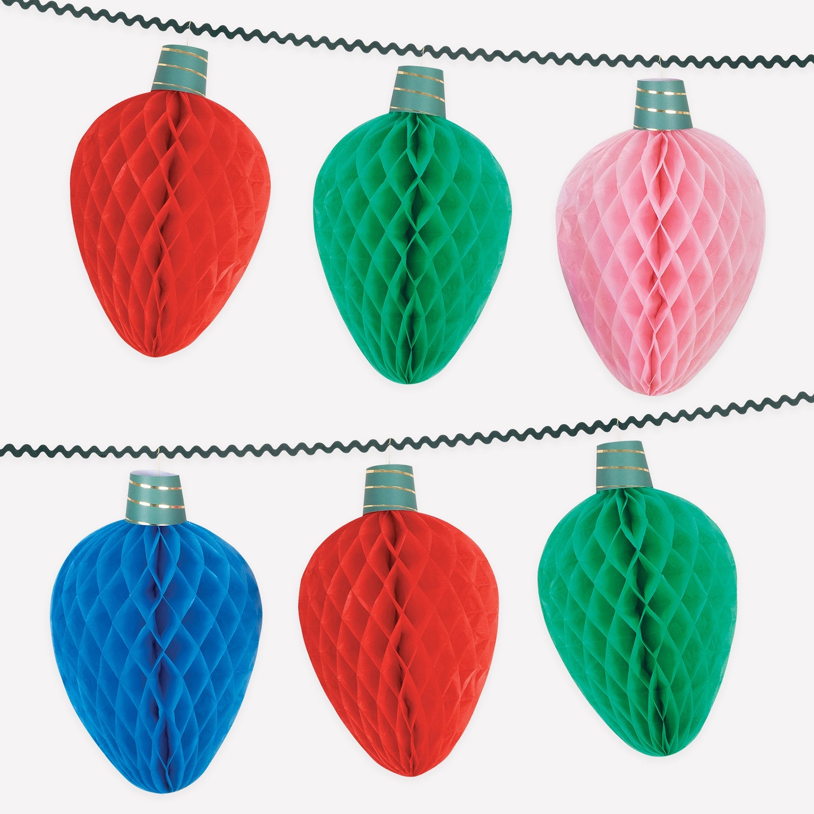 Decorative honeycomb string lights in red, green, pink, and blue designs on a white background.