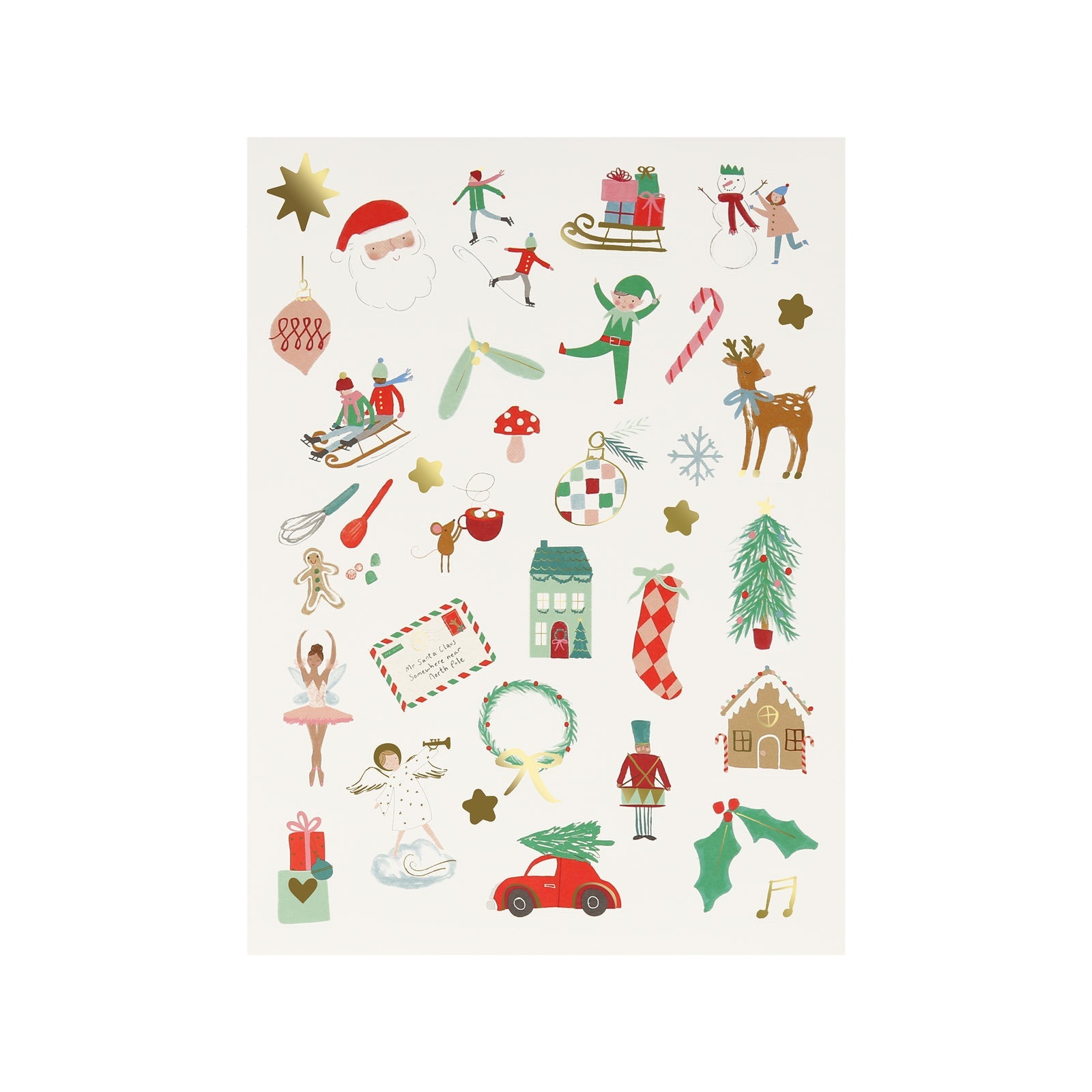 Meri Meri Mixed Icon Christmas Sticker sheet with various Christmas ephemera on it.