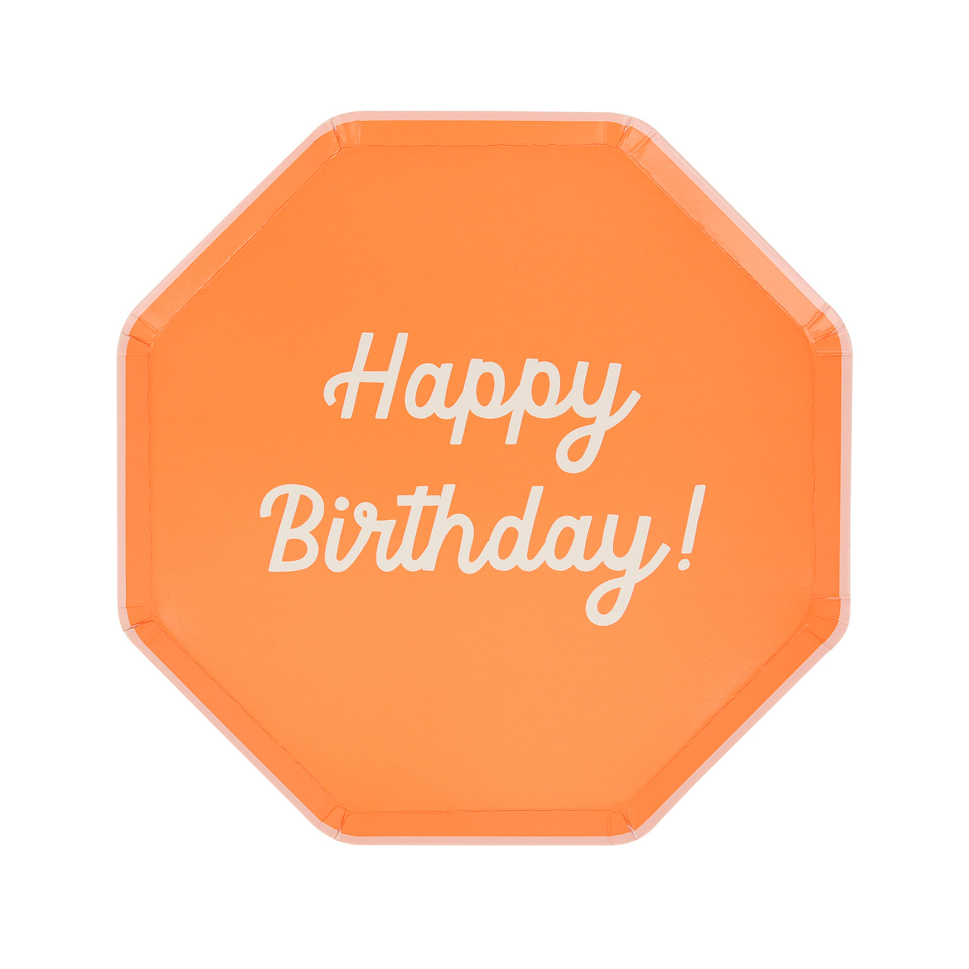 Octagonal shaped paper plate in orange saying "Happy Birthday!".