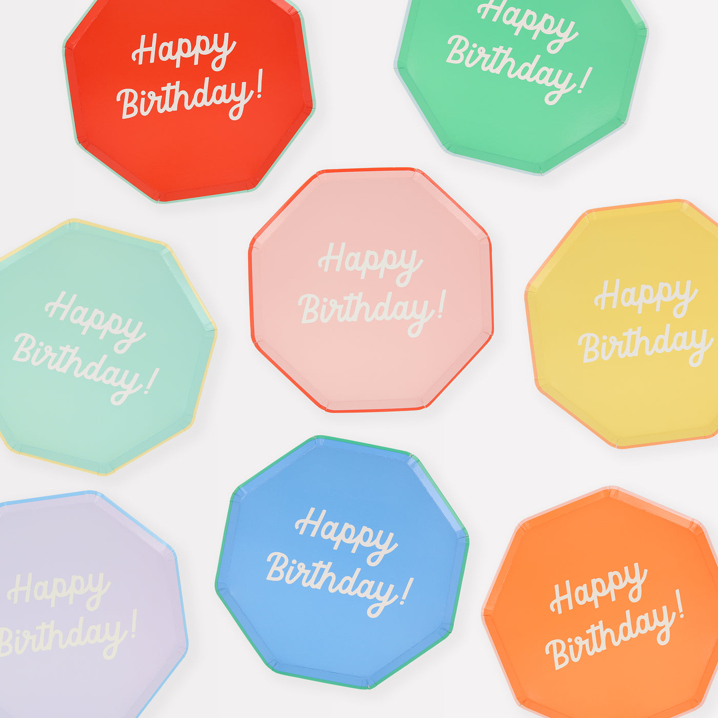 Octagonal shaped paper plates in a red, pink, mint, orange, yellow, blue, lilac and green plate with co-ordinating colored borders saying "Happy Birthday!".