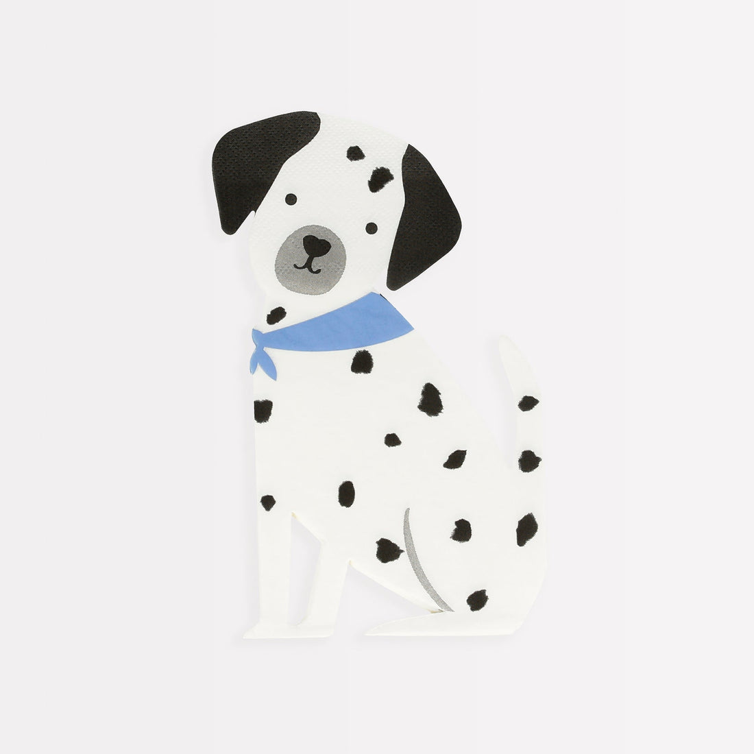 Flat illustration of a dalmatian puppy with black spots and a blue collar on Meri Meri Puppy Napkins.