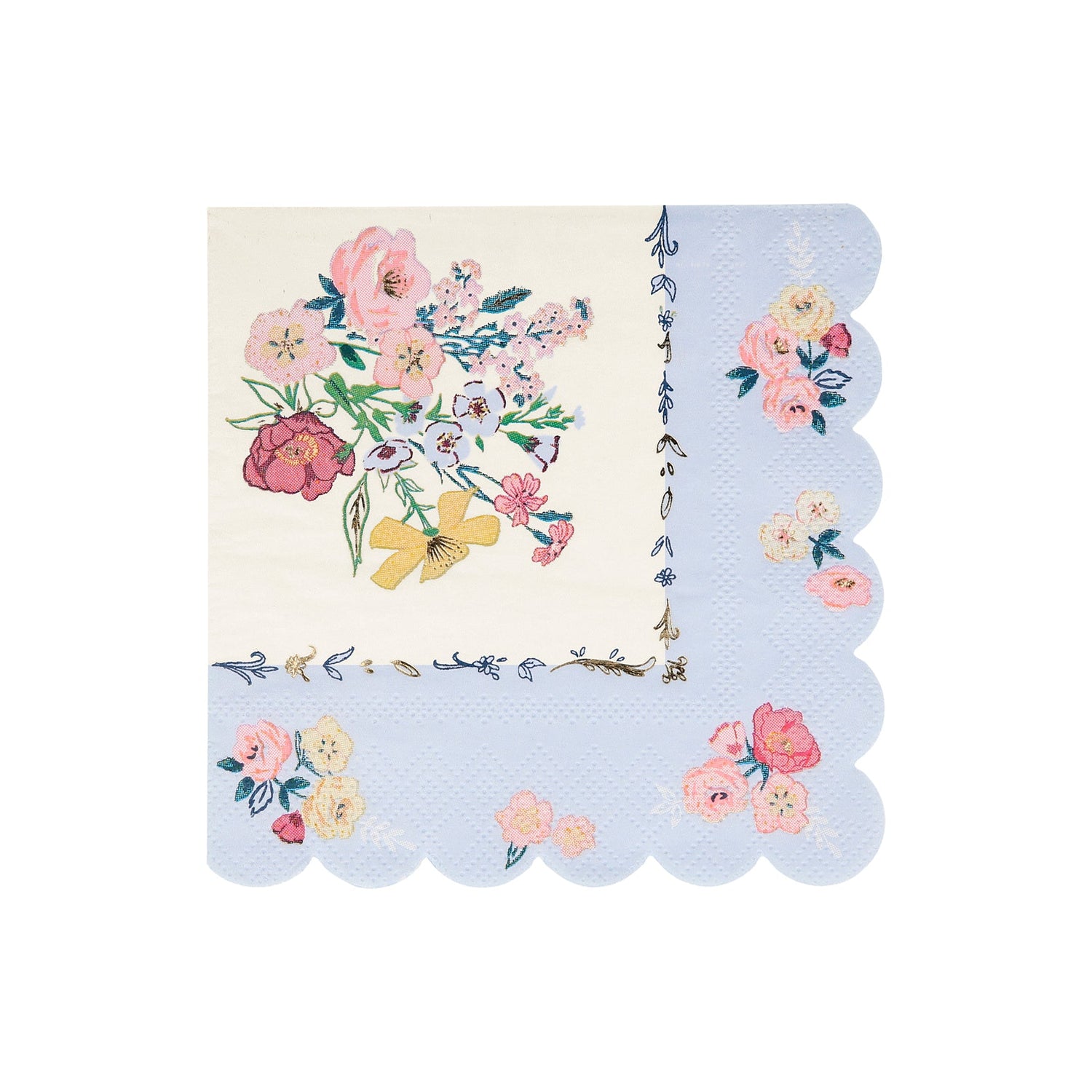 A set of Meri Meri English Garden Napkins with floral designs, perfect for a party table.