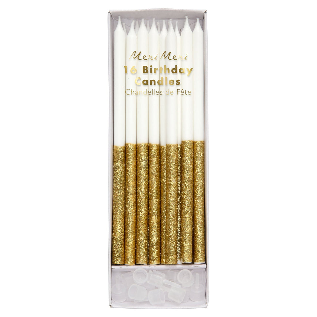 A box of Gold Glitter Dipped Candles by Meri Meri.