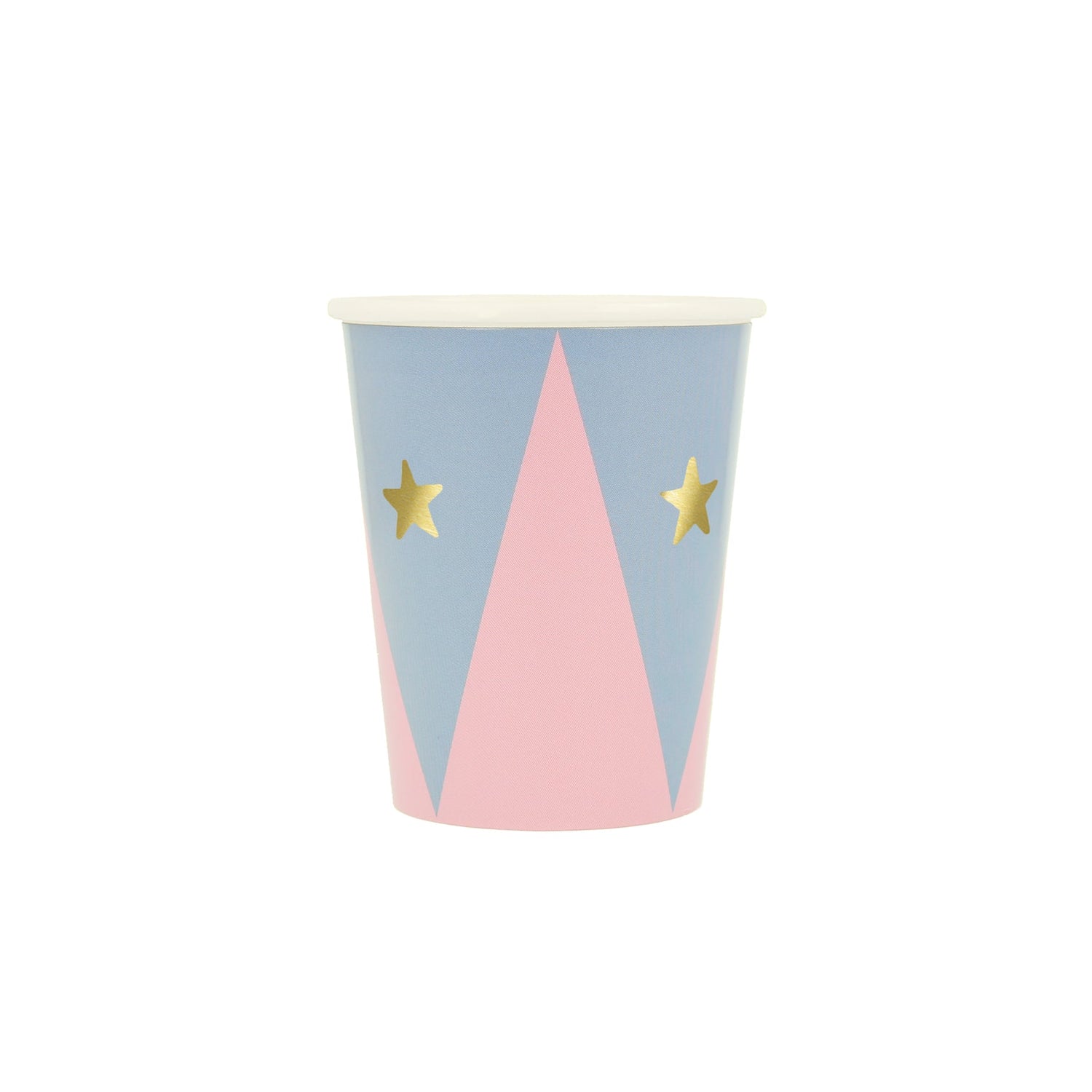 A collection of nine Meri Meri Circus Cups with geometric shapes, shiny gold foil details, and star patterns on a white background.
