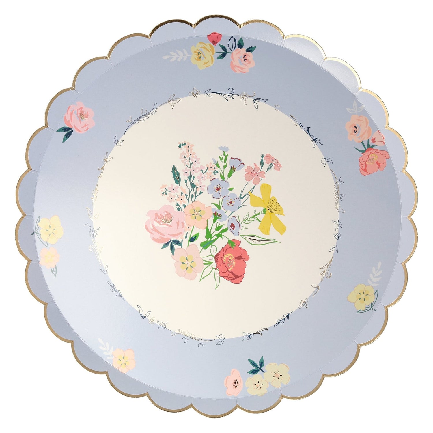 Four Meri Meri English Garden plates with floral designs on them.