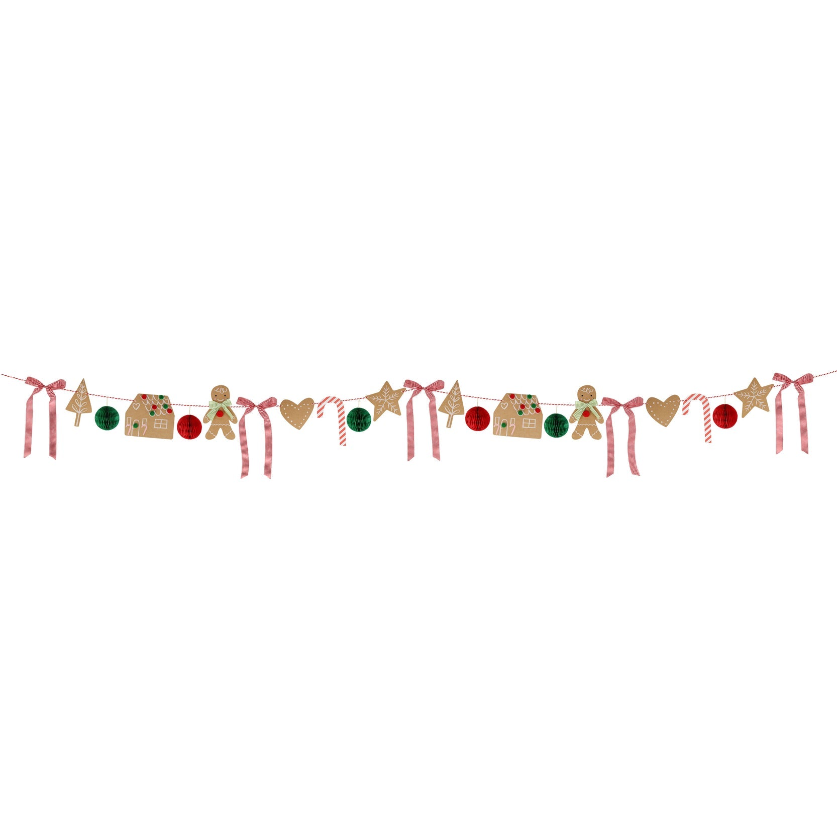 The gingerbread garland features 10 kraft gingerbread pennants, 2 printed candy canes, 6 honeycomb balls and 5 red and white gingham ribbon bows. The gingerbread people are beautifully embellished with green and white gingham bows. The red and green honeycomb balls feature hidden magnets to keep them open at 360 degrees. The gingerbread houses and people have adorable little red and green pom pom embellishments all on Red and white bakers twine.