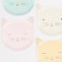 Four Meri Meri Cat Plates with cartoon cat faces in pastel colors, made from sustainable FSC paper.