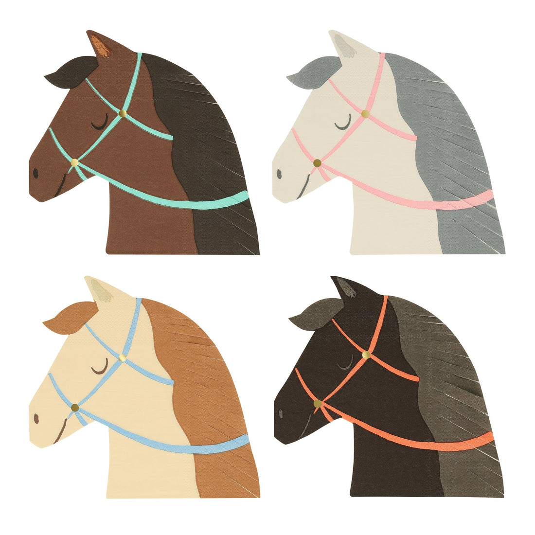A set of four Meri Meri Horse Napkins in different colors.