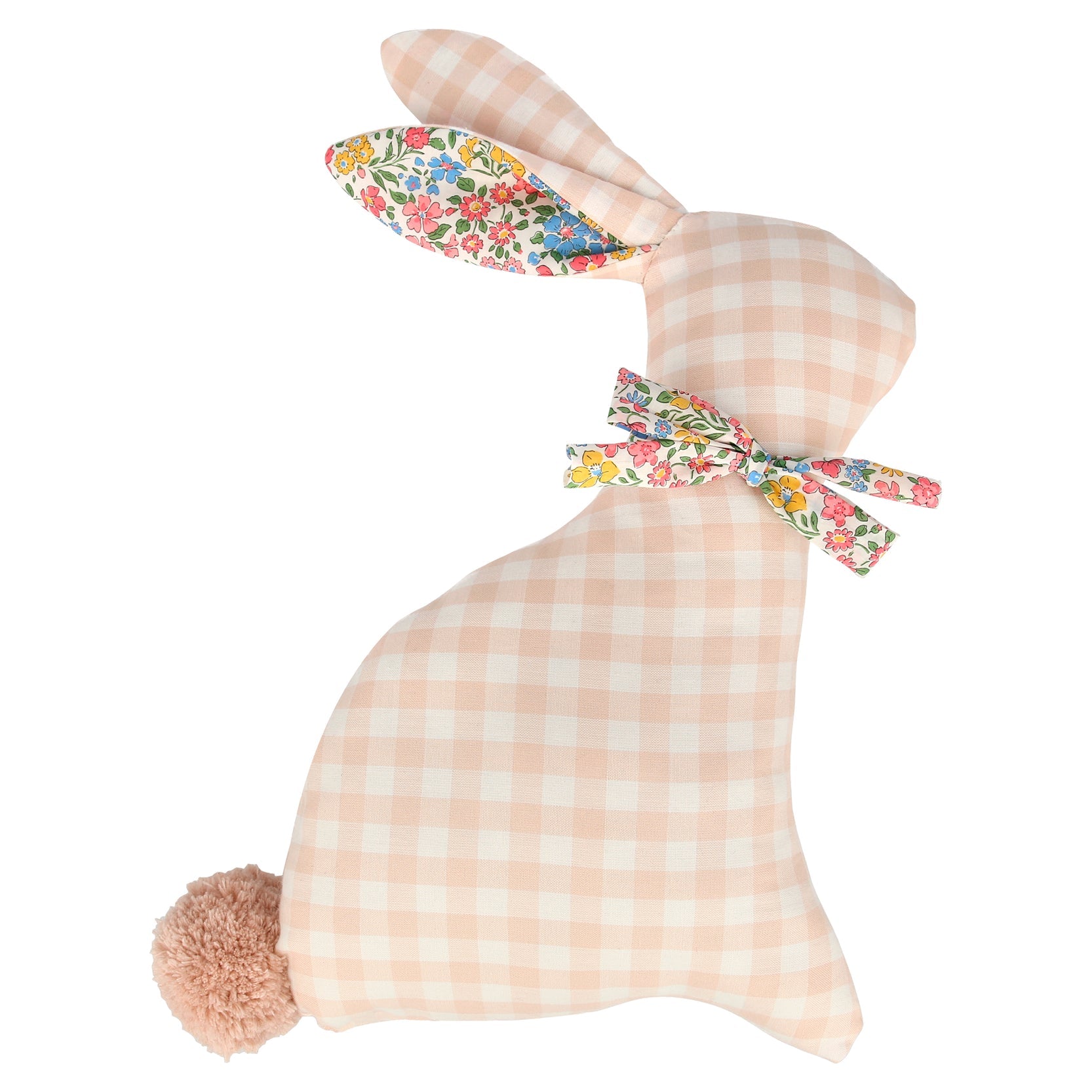 A beige and pink gingham fabric bunny cushion with floral details and a pom-pom tail.