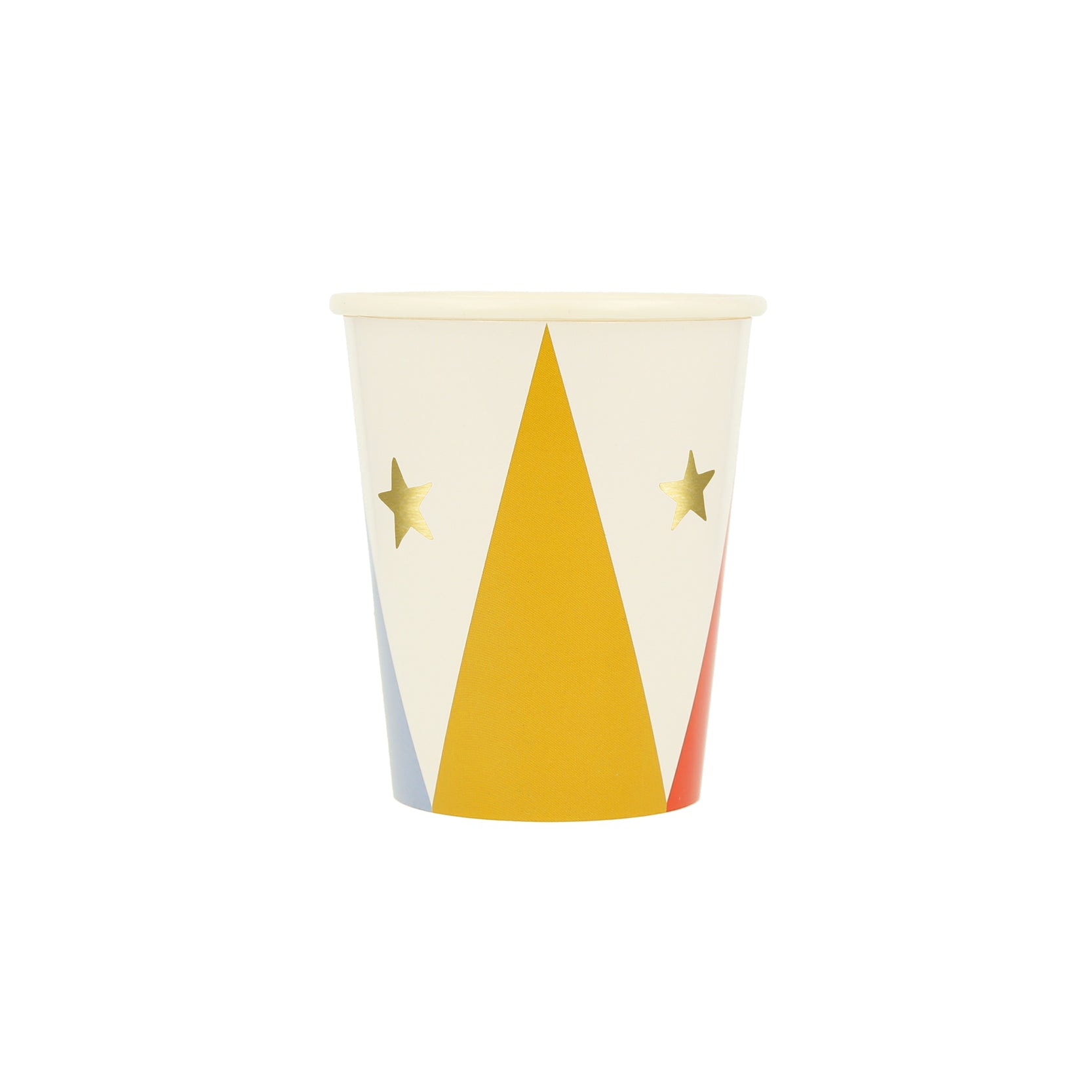 A collection of nine Meri Meri Circus Cups with geometric shapes, shiny gold foil details, and star patterns on a white background.