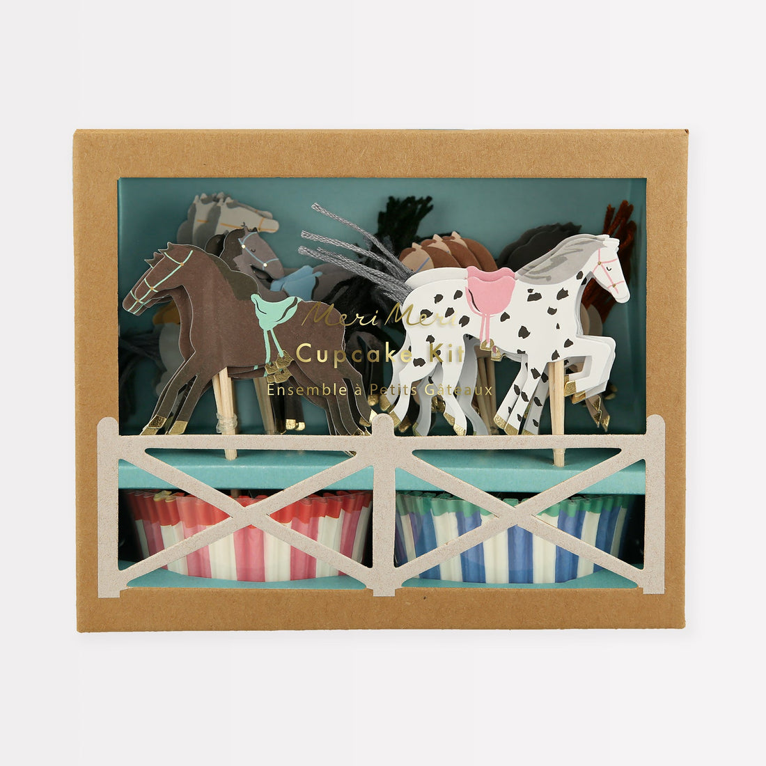Assorted Meri Meri Horse Cupcake Kit with horse toppers and striped cupcake cases displayed in a window gift box.
