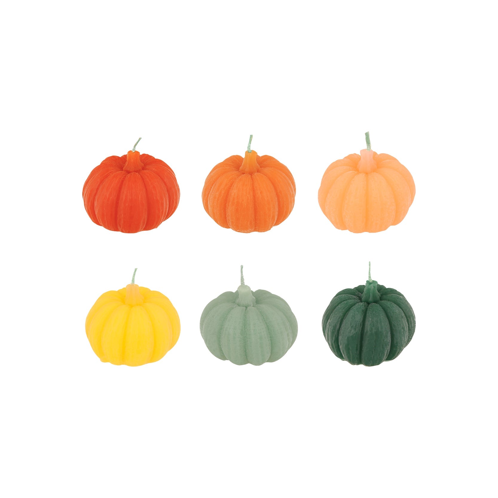 A set of six pumpkin-shaped wax candles in various colors including dark orange, orange, pale orange, yellow, mint, and dark green, each with a mint-colored wick.