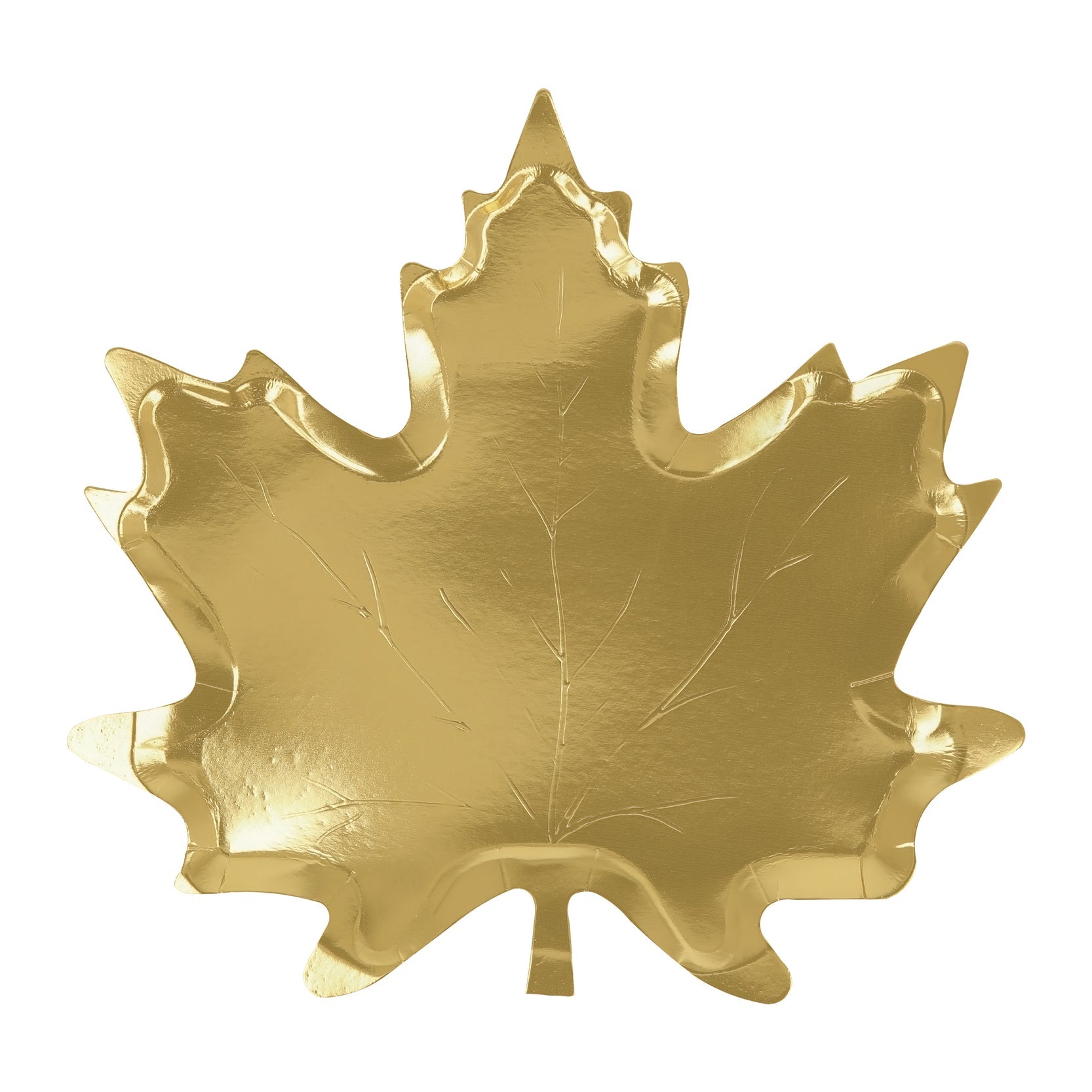 Shiny gold plate shaped like a maple leaf with embossed detailing