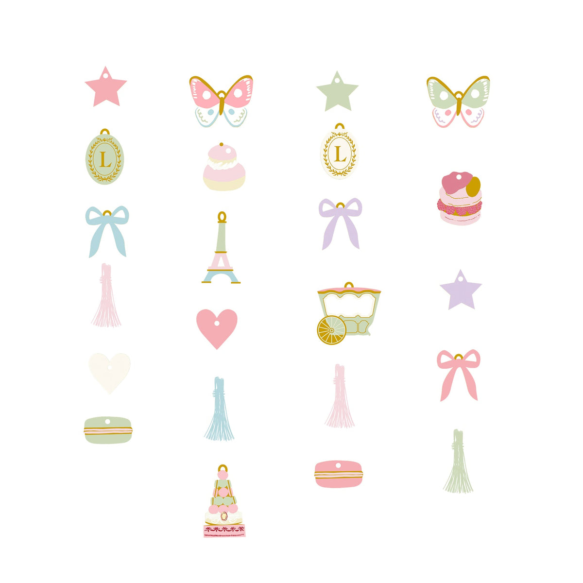 A various selection of enamel charms, including those in the shape of butterflies, stars, a monogrammed L in an oval, the Eiffel Tower, a carriage, bows, hearts, tassels, and macarons against a white background.