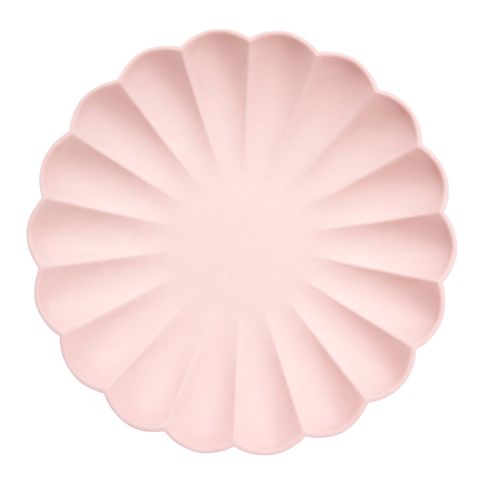 A Meri Meri Pale Pink Eco Plate in the shape of a flower on a white background.
