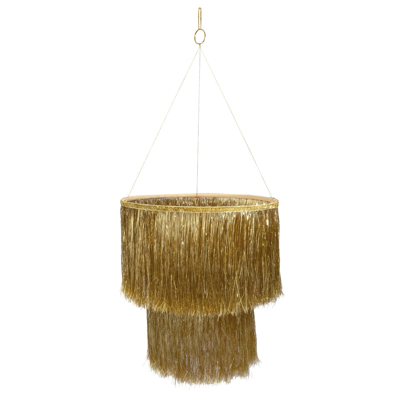 Gold Tinsel Chandelier hanging, against a white background.