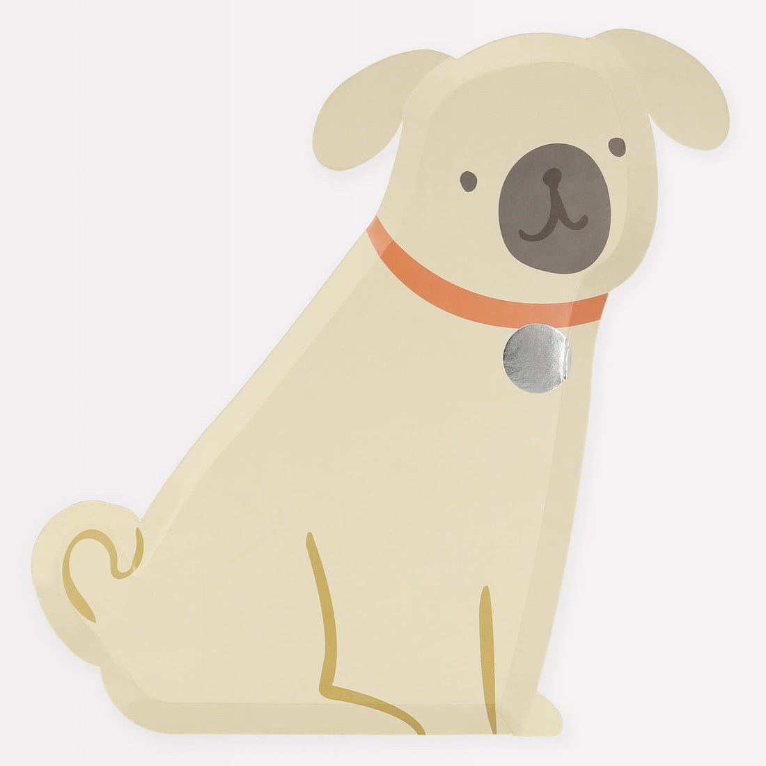Illustration of a stylized pale yellow pug with a collar and a tag, perfect for Meri Meri&