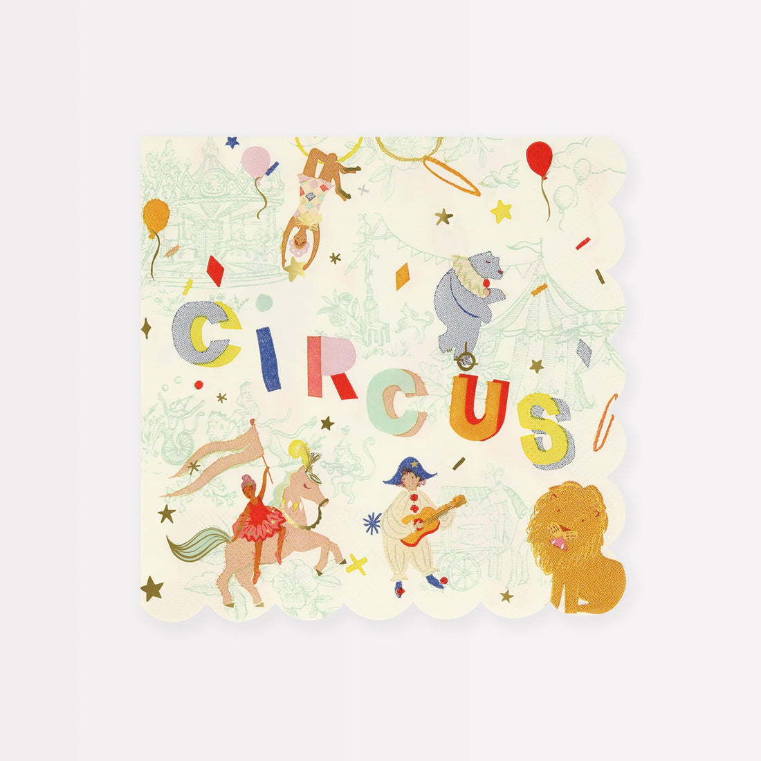 Colorful circus-themed illustration with whimsical animals performing various acts, set against a textured background on sustainable FSC paper - Meri Meri&