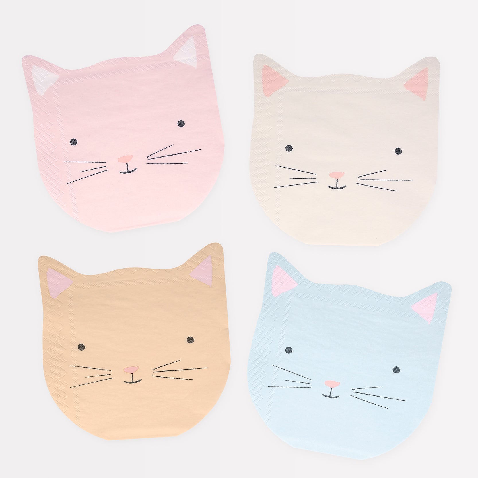 Four Meri Meri Cat Napkins designed to look like cat faces.
