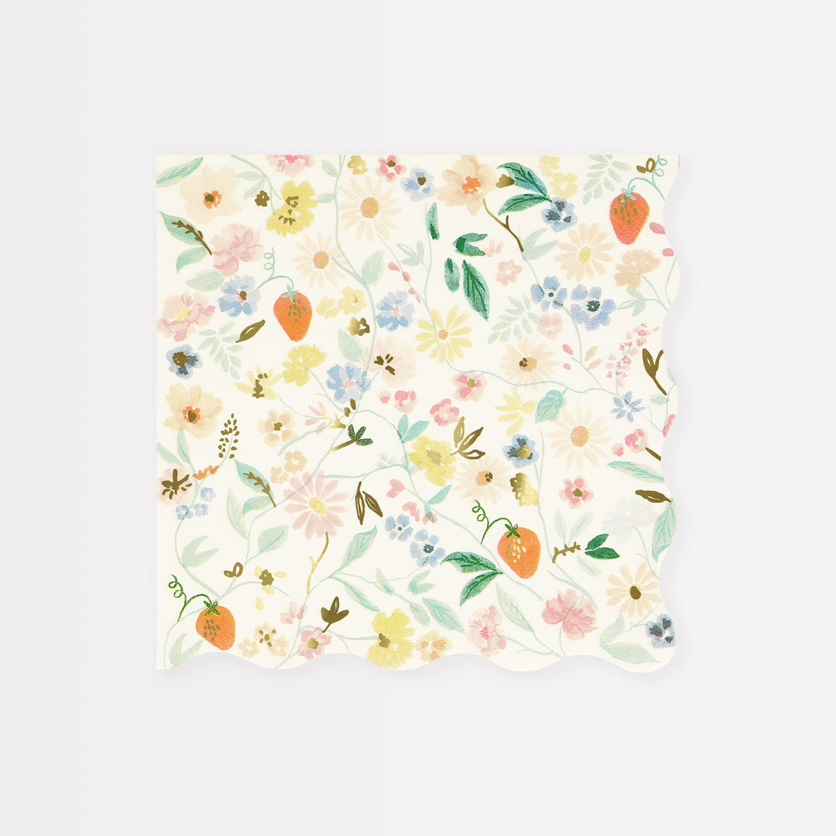 A white scalloped dinner napkin with a floral pattern featuring pastel colors and strawberries against a white background.