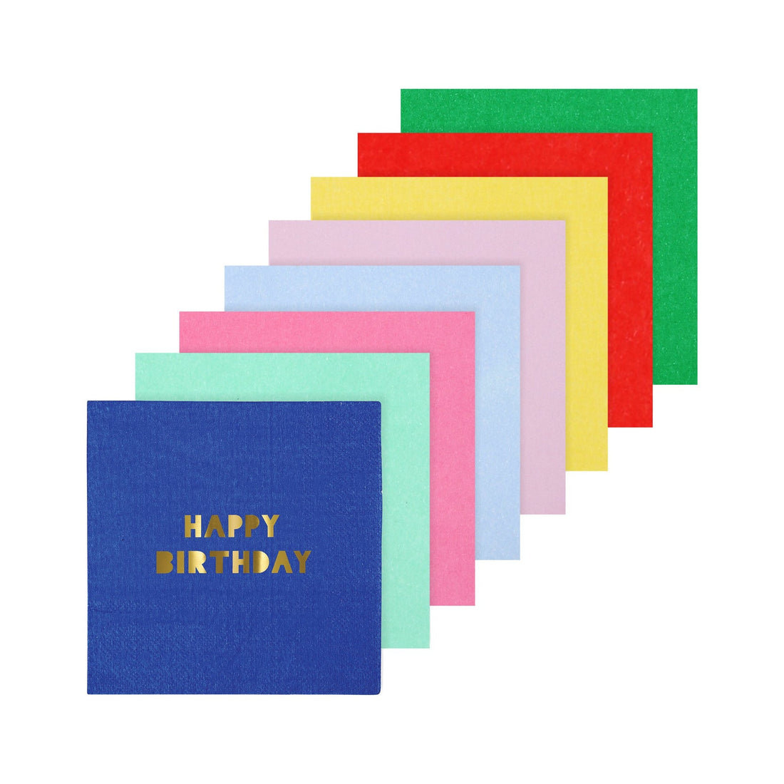 A collection of colorful greeting cards with one in the foreground featuring a &quot;happy birthday&quot; message, arranged as party table decoration using Meri Meri&