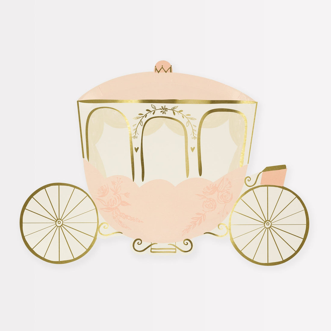 An illustrated pink and gold Princess Carriage Plates with floral and gold foil details on a white background, perfect for princess party plates made from sustainable FSC paper by Meri Meri.