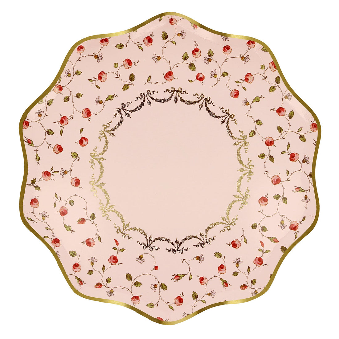A Laduree Marie-Antoinette paper plate with red roses and gold trim, perfect for a Valentine&